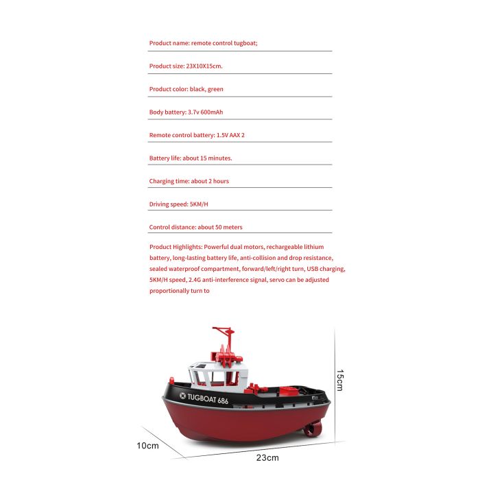 Heng Long 1/72 RTR RC Detailed Scale Tug Boat (280mm) w/ Lights - Black