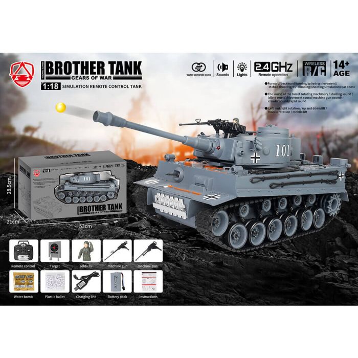 Brother RC Tank 1:18 WW2 German Tiger 1 w/ Lights, Sound & Shoots!