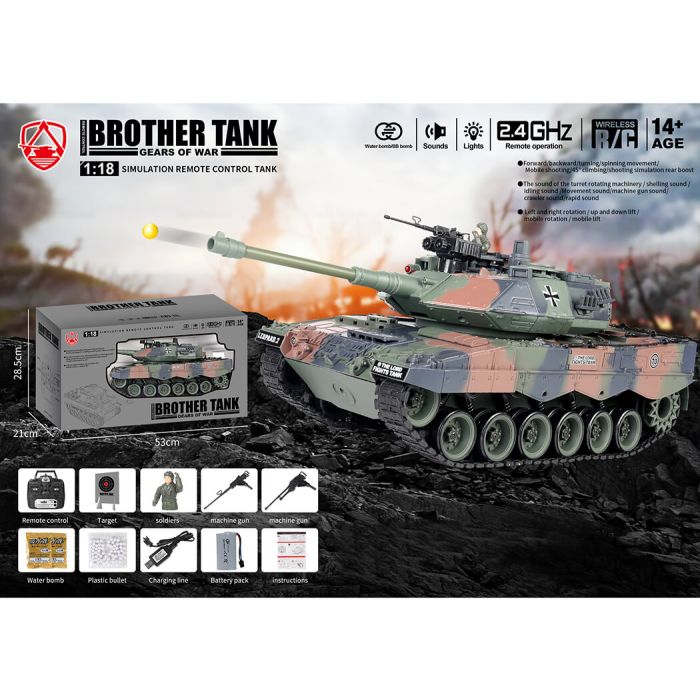 Brother RC Tank 1:18 WW2 German Leopard 2 w/ Lights, Sound & Shoots!