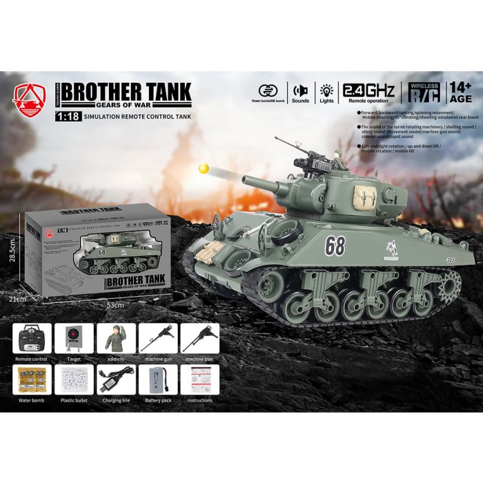 Brother RC Tank 1:18 WW2 M4A3 Sherman w/ Lights, Sound & Shoots!