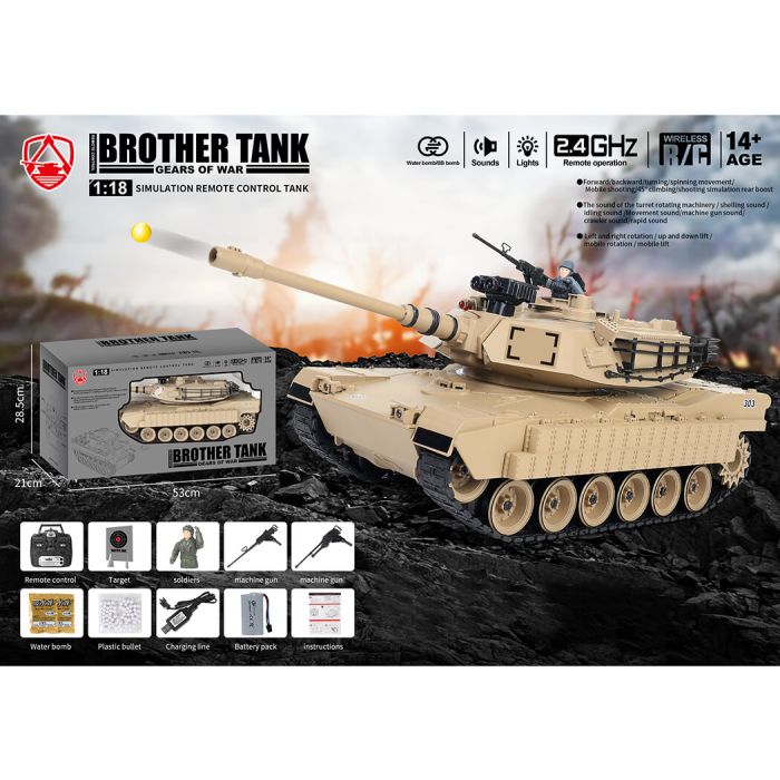 Brother RC Tank 1:18 M1A2 Abrams Desert Storm w/Lights, Sound, & Shoots!