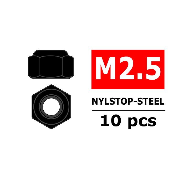 Team Corally Steel Nylstop Nut M2.5 Black Coated 10 Pcs