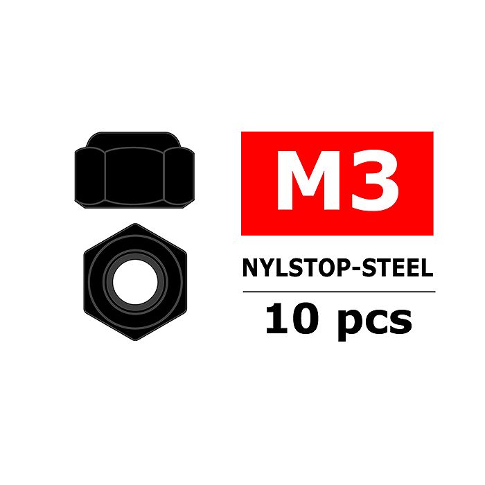 Team Corally Steel Nylstop Nut M3 Black Coated 10 Pcs