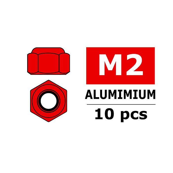 Team Corally Aluminium Nylstop Nut M2 Red 10 Pcs
