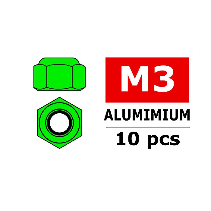 Team Corally Aluminium Nylstop Nut M3 Green 10 Pcs