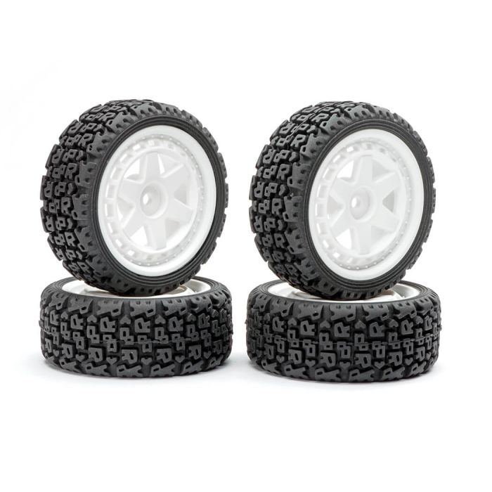 Fastrax 1/10 'R' Block Rally Tyres/6-Spoke White Wheels (4)