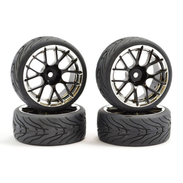 Fastrax 1/10th Street Tread Tyres 14SP on Black and Chrome Wheels Set of 4
