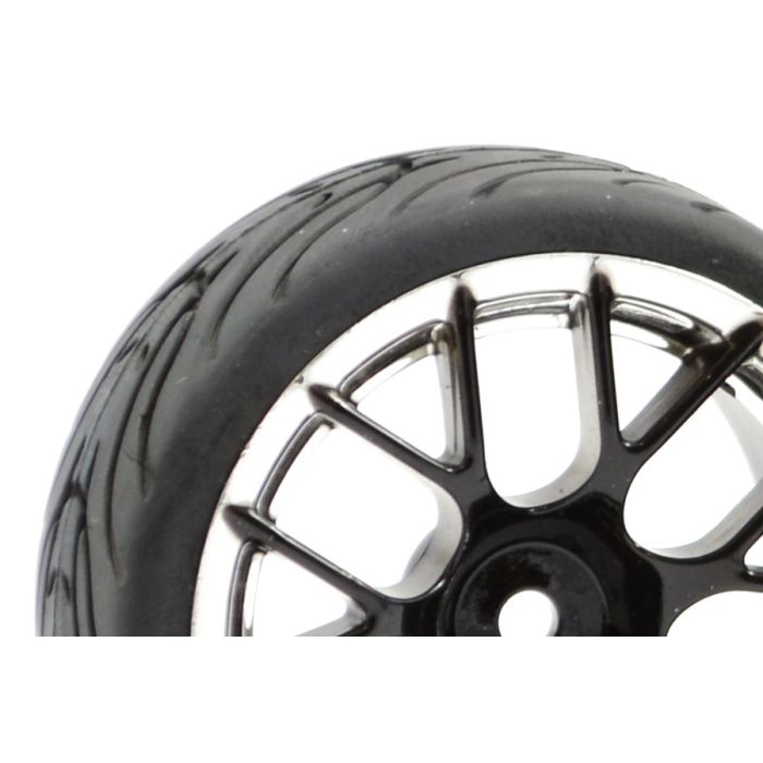 Fastrax 1/10th Street Tread Tyres 14SP on Black and Chrome Wheels Set of 4