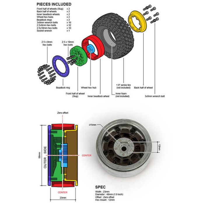 GMADE 1.9 Ar04 5-Lug Aluminium Beadlock Wheels (Silver) (2)