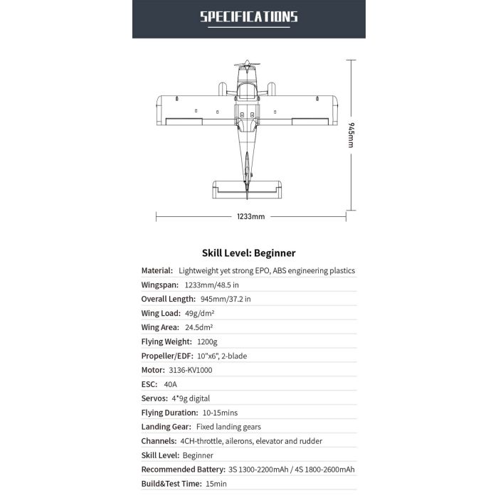 XFLY Glastar V2 STOL Bush Trainer RC Plane (1233mm) ARTF (no Tx/Rx/Batt)