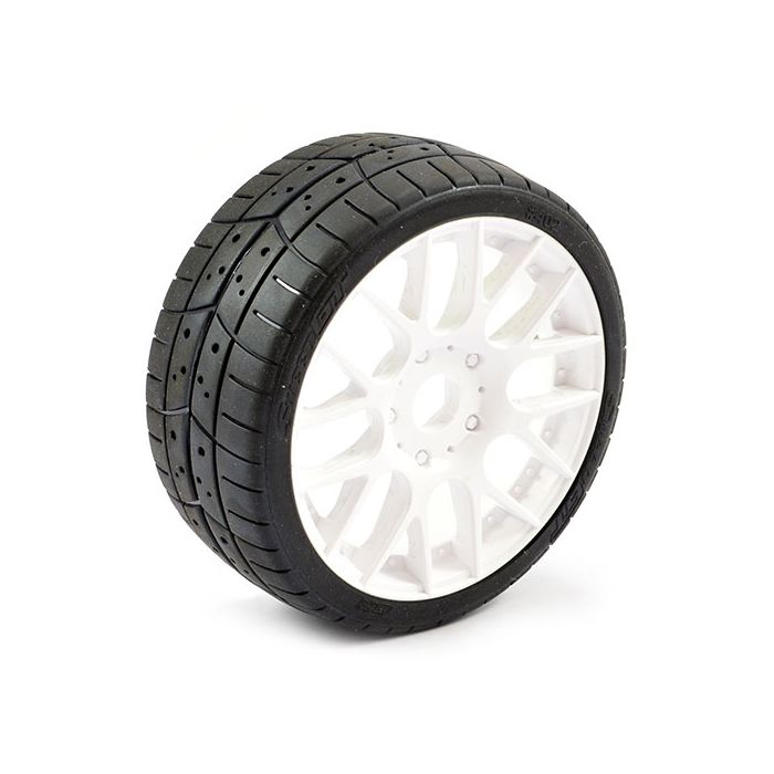SWEEP 1/8TH EXP GT TREAD GLUED 45DEG TYRES W/BELT / EVO16 WHITE WHEELS / HIGH (PR)