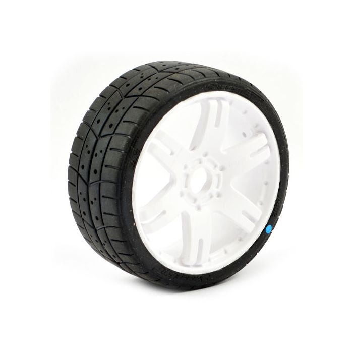 SWEEP 1/8TH GT TREAD GLUED 45DEG TYRES W/BELT / 6IX PAK WHITE WHEELS / BASIC (PR)