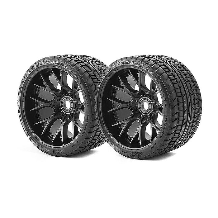 Sweep Road Crusher Belted Tyre Black 17mm Wheels 1/2" Offset (2) for RC Cars
