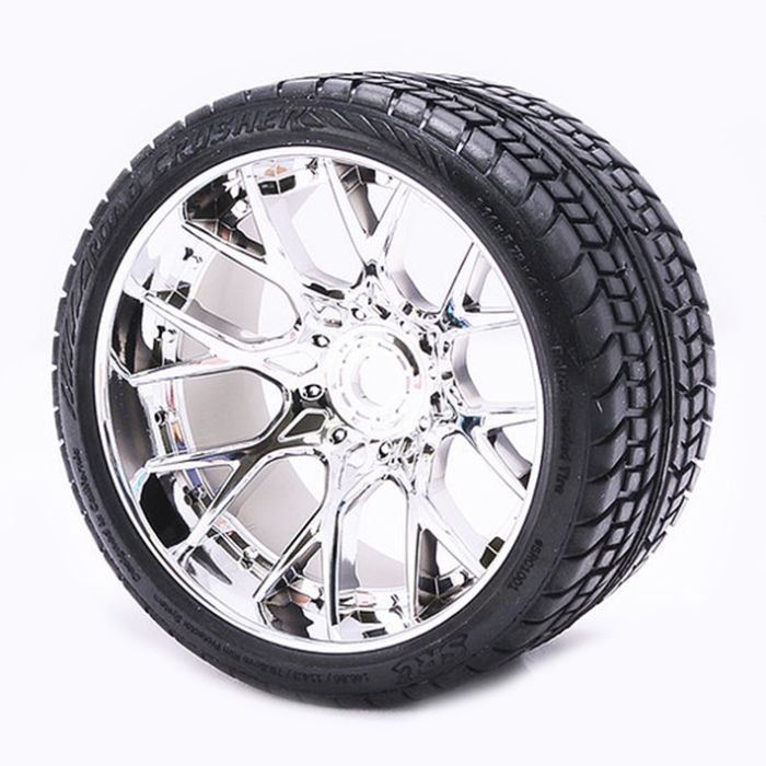 Sweep Road Crusher Belted Tyre Silver 17mm Wheels 1/2" Offset (2) for RC Cars