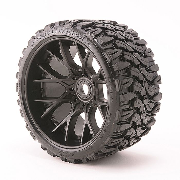 Sweep Terrain Crusher Belted Tyre Black 17mm Wheels 1/2” Offset (2) for RC Cars