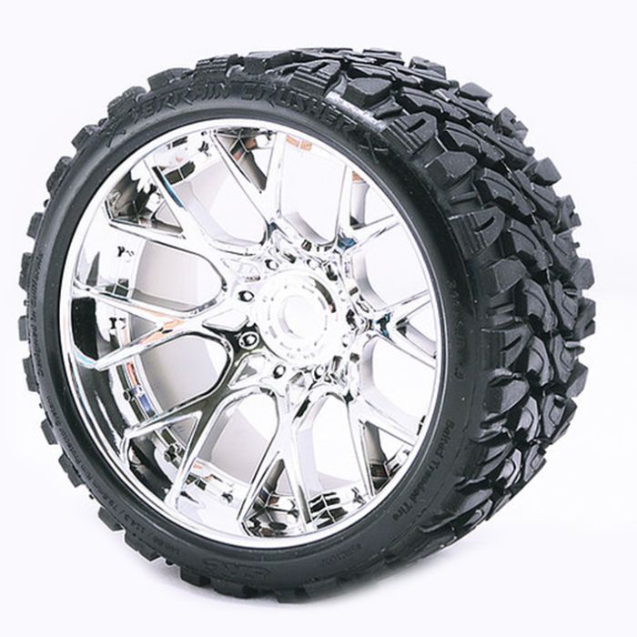 Sweep Terrain Crusher Belted Tyre Silver 17mm Wheel 1/2” Offset (2) for RC Cars