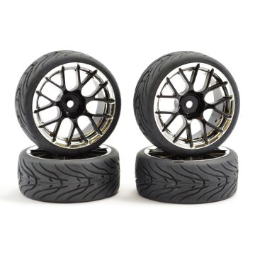 Fastrax 1/10th Street Tread Tyres 14SP on Black and Chrome Wheels Set of 4